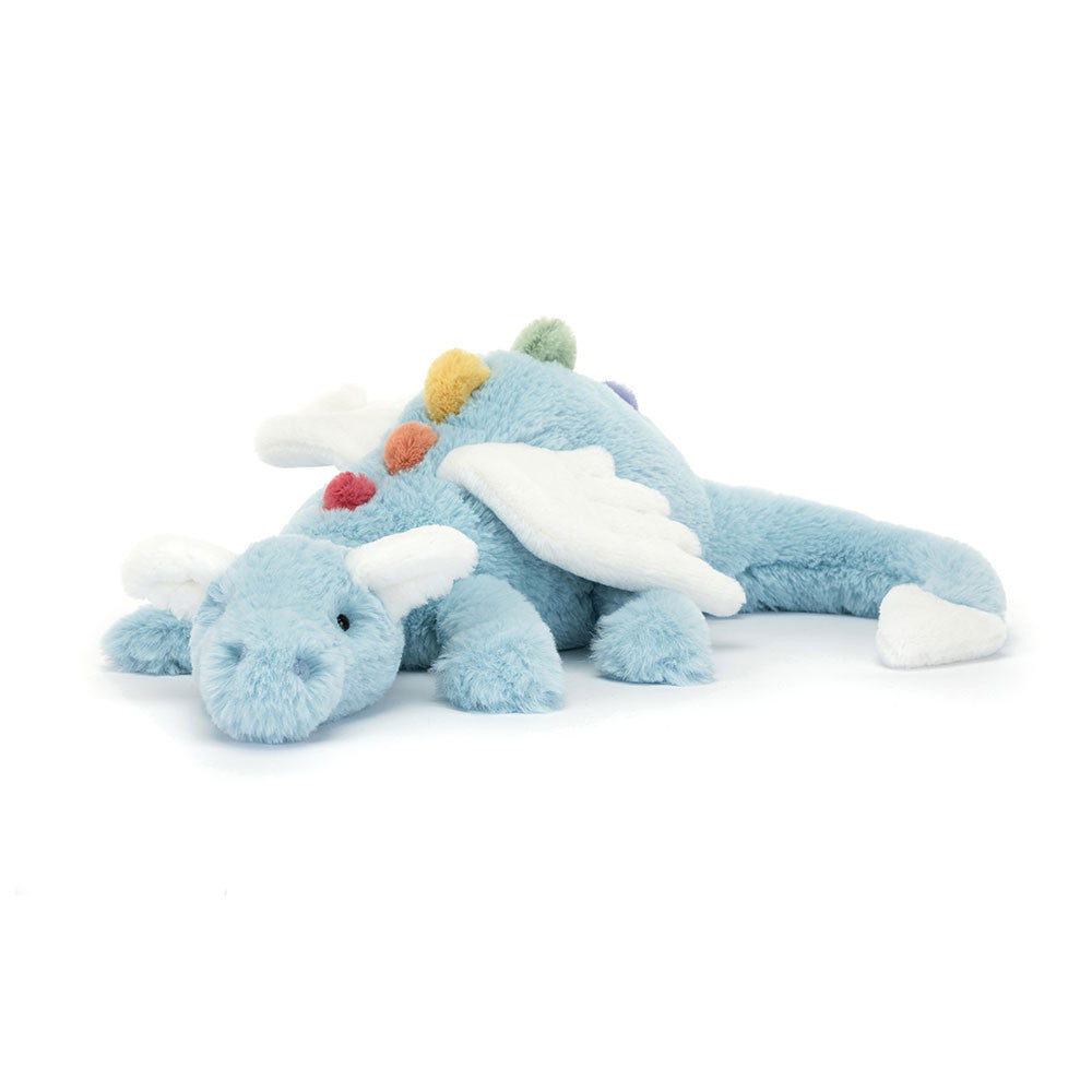 Majestic soft blue Jellycat Sky Dragon with shimmering silver wings and scales.