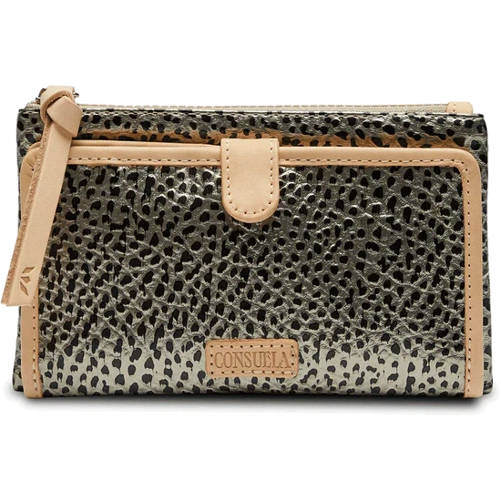 Consuela Tommy slim bifold wallet in pewter metallic textured finish with leather trim