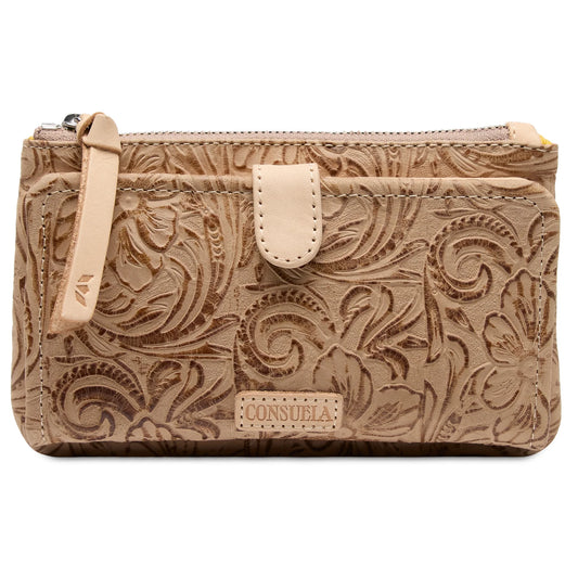 Consuela Lawton Slim Wallet in neutral floral tooled leather with natural leather trim.