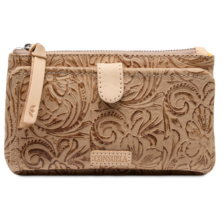Consuela Lawton Slim Wallet in neutral floral tooled leather with natural leather trim.