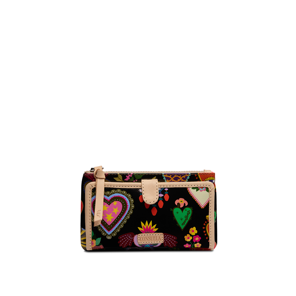 Consuela Vida Slim Wallet in the Vida heart print with blush leather trim, front view