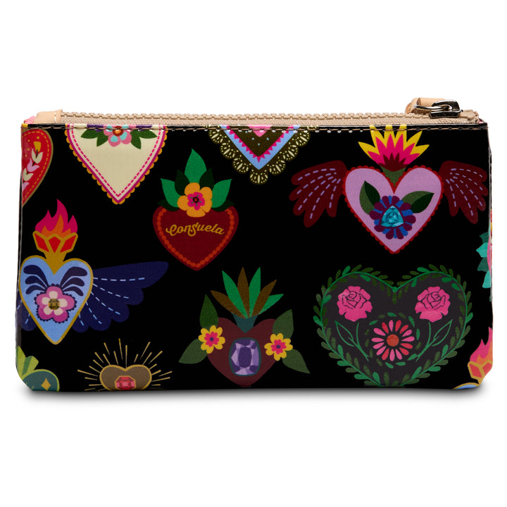 Back of the Consuela Vida Slim Wallet showing black sacred-heart and rose print with a tan zip-top closure