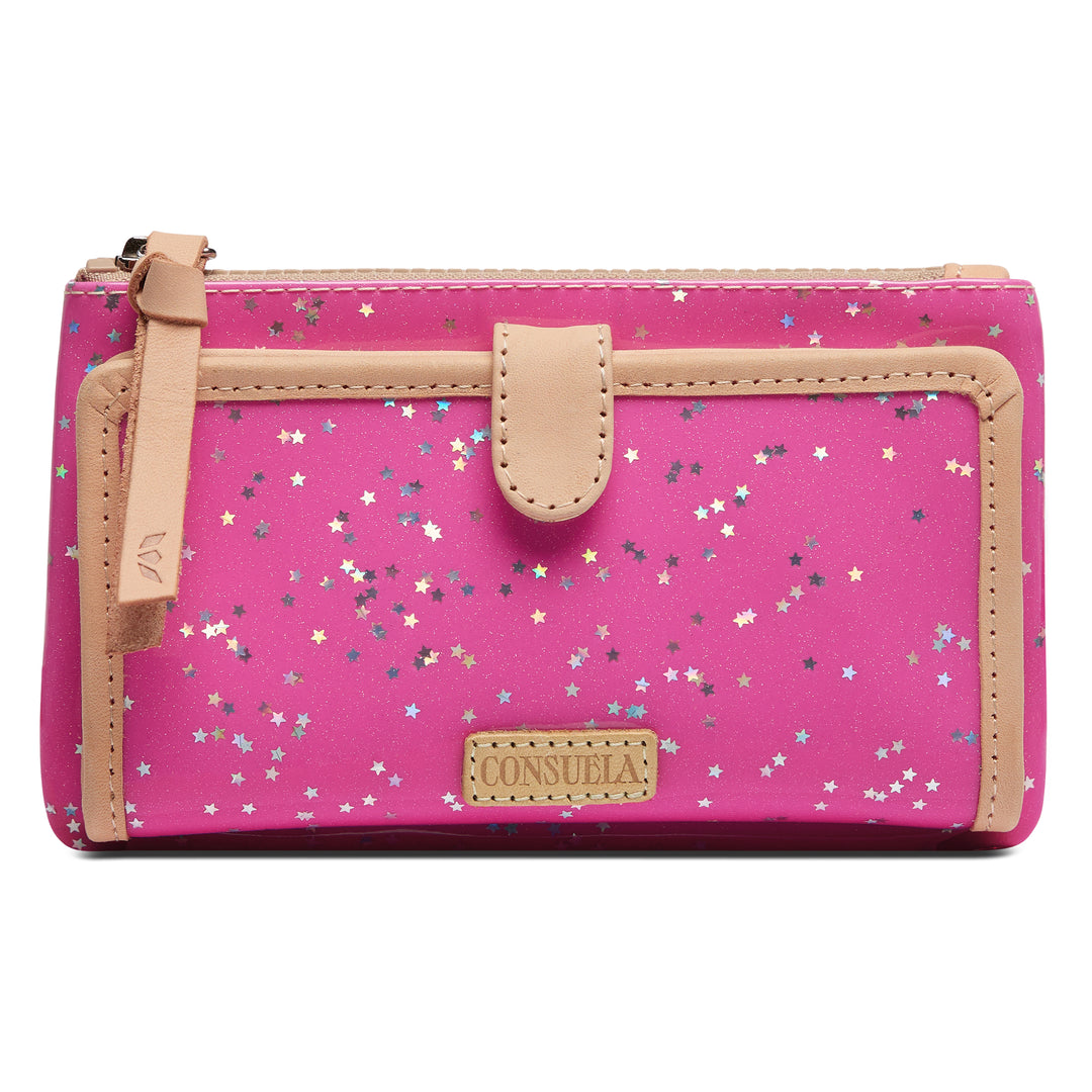 Consuela Berry Slim Wallet in pink with shimmering stars, front view