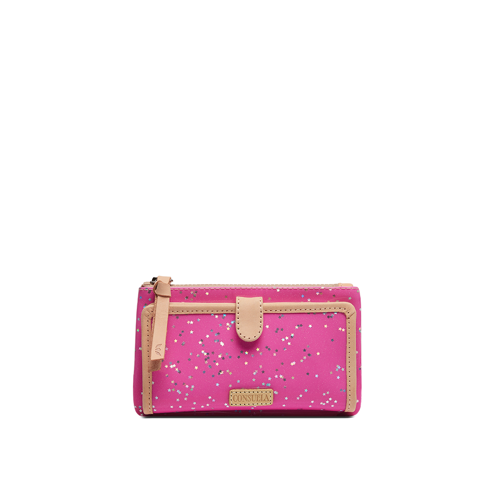 Consuela Berry pink star-print slim wallet with tan trim