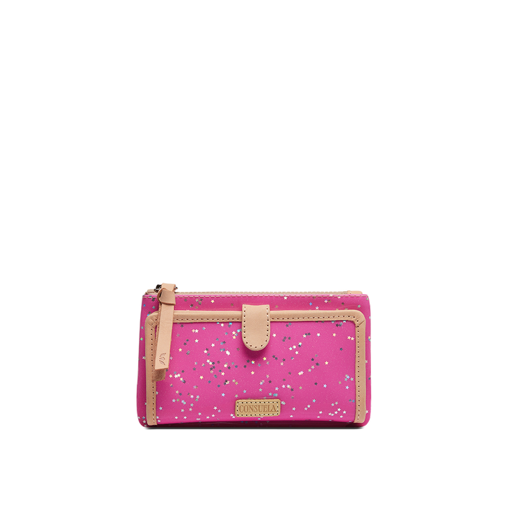 Consuela Berry pink star-print slim wallet with tan trim