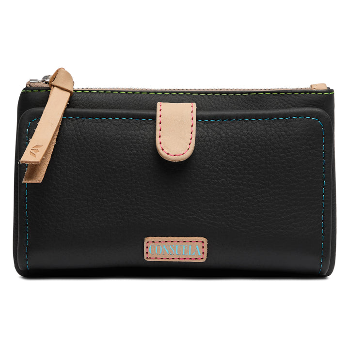Consuela Cyndi Slim Wallet in black leather with colorful stitching, front view