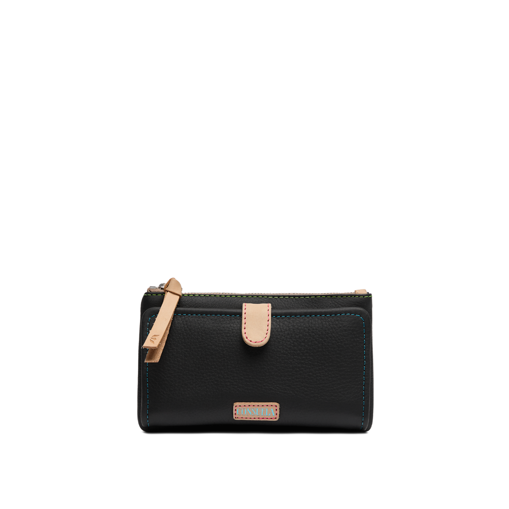 Consuela Cyndi black leather slim wallet with colorful stitching