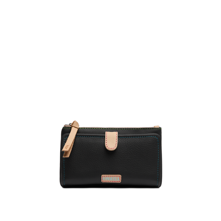 Consuela Cyndi black leather slim wallet with colorful stitching