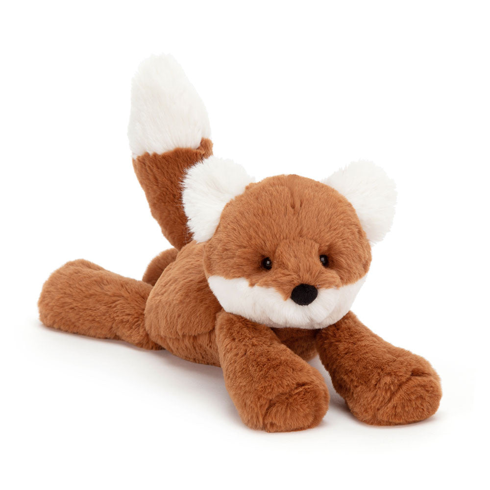 Jellycat Smudge Fox medium plush toy showcasing its ultra-soft orange and white fur, floppy limbs, and relaxed sleeping conductor pose.