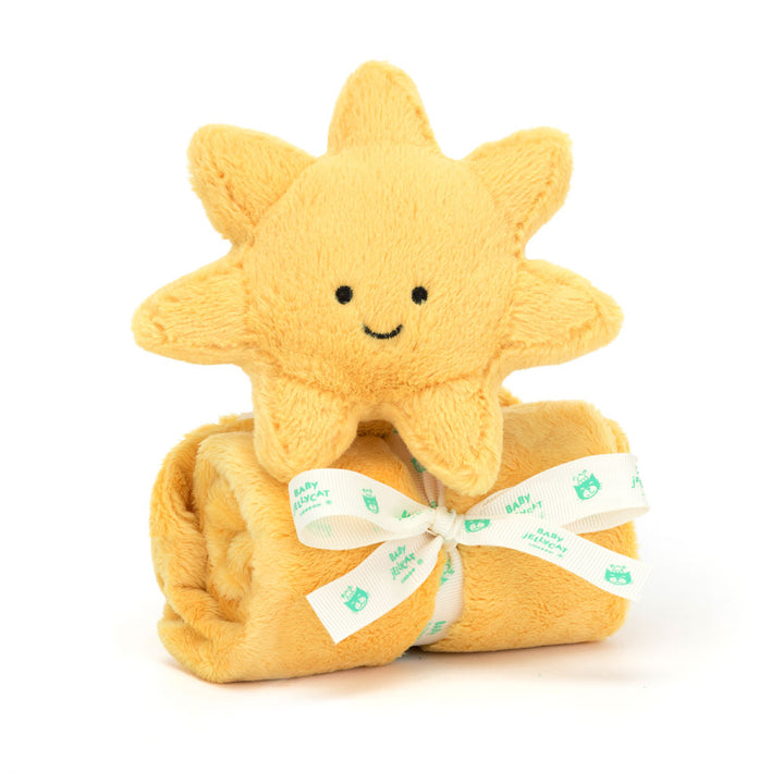 Jellycat Amuseables Sun Soother golden yellow baby blanket with sun character at corner, front view
