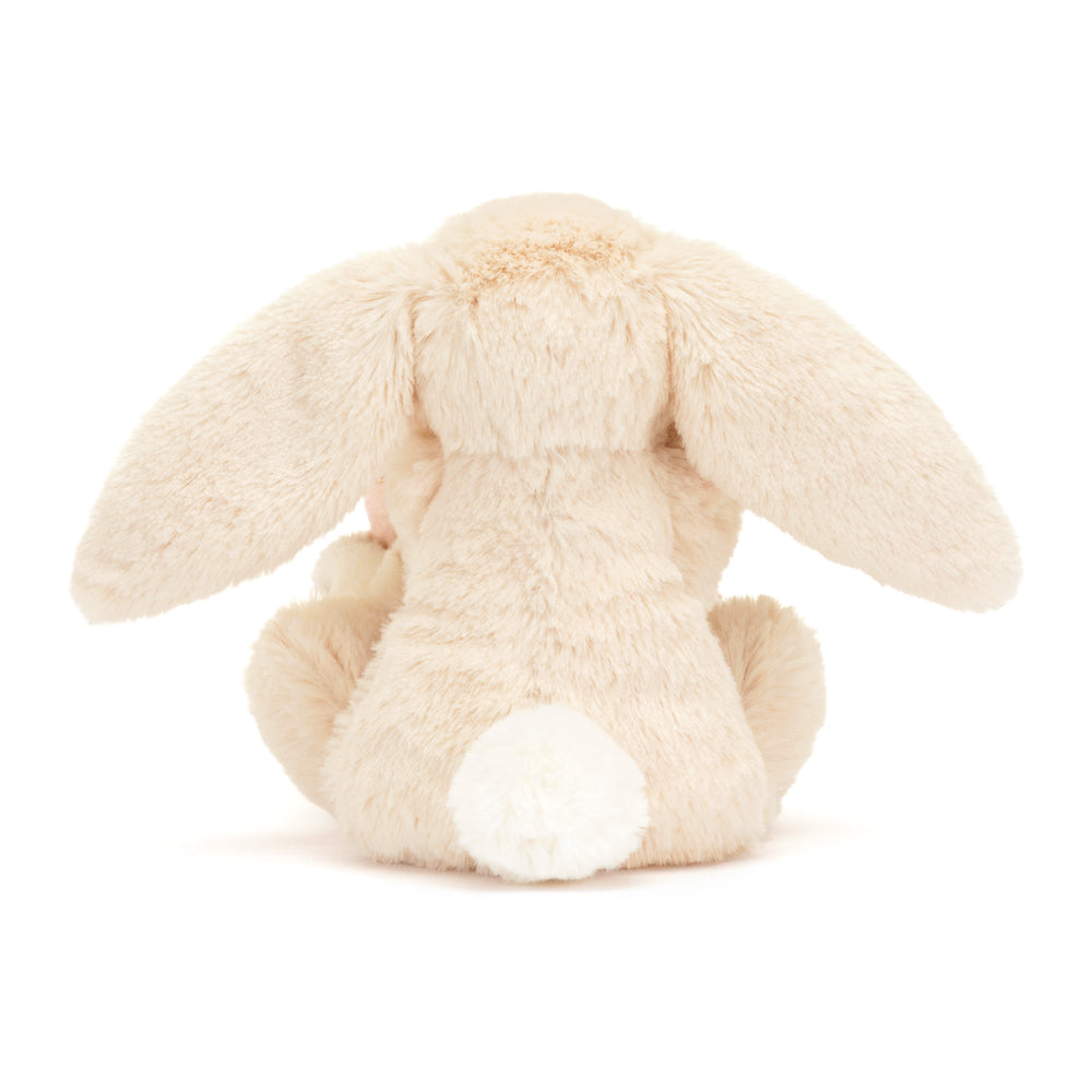 Jellycat Luxe Bunny Willow Soother laid flat showing full silvery plush blanket
