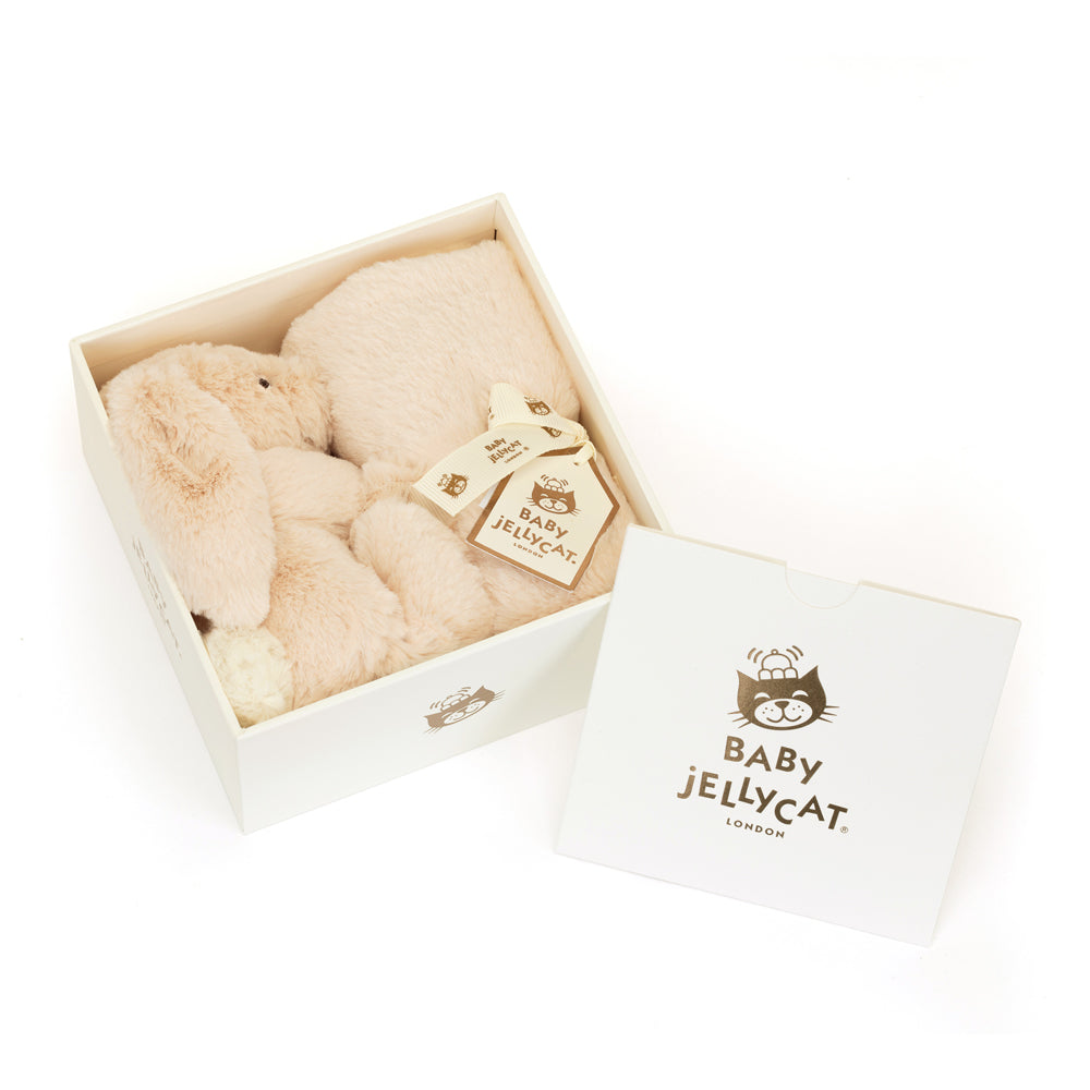 Jellycat Bashful Luxe Bunny Willow Soother with silvery plush blanket and luxe bunny at corner, front view