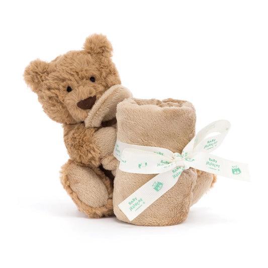 Jellycat Bartholomew Bear Soother; a soft brown plush baby security blanket with an attached miniature textured teddy bear.