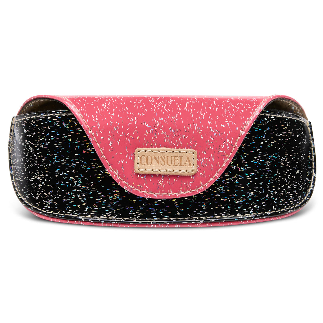 Consuela Bae Sunglass Case featuring a multicolored glitter exterior and natural leather logo patch.