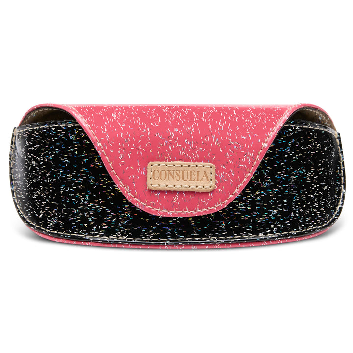 Consuela Bae Sunglass Case featuring a multicolored glitter exterior and natural leather logo patch.