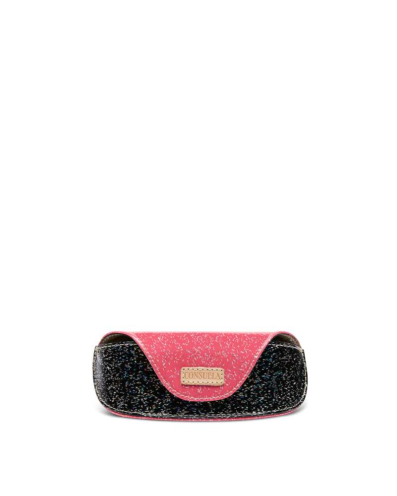 Consuela Bae Sunglass Case featuring a multicolored glitter exterior and natural leather logo patch.