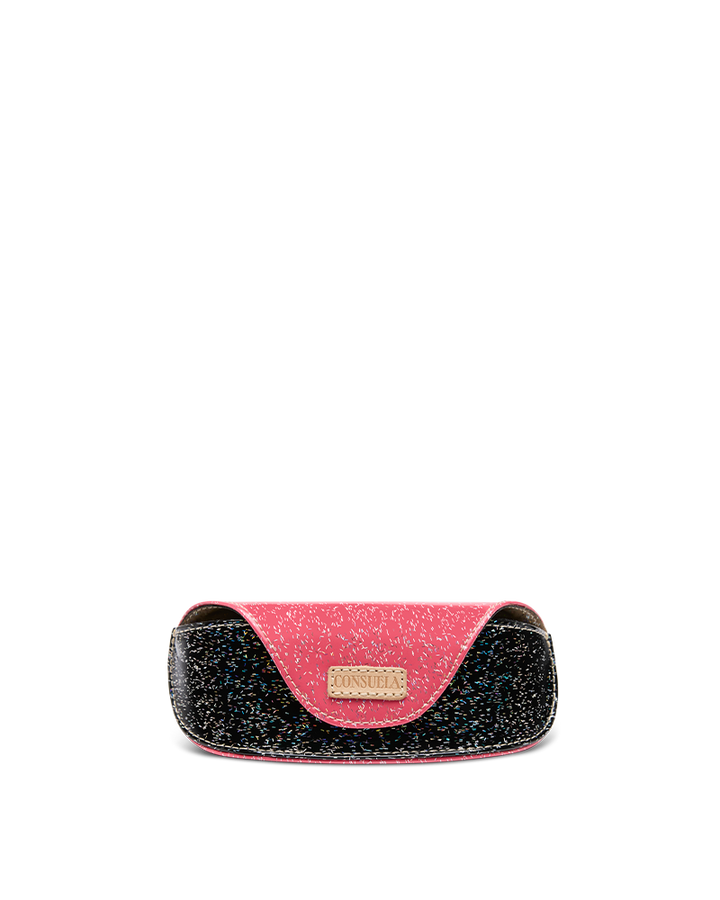 Consuela Bae Sunglass Case featuring a multicolored glitter exterior and natural leather logo patch.