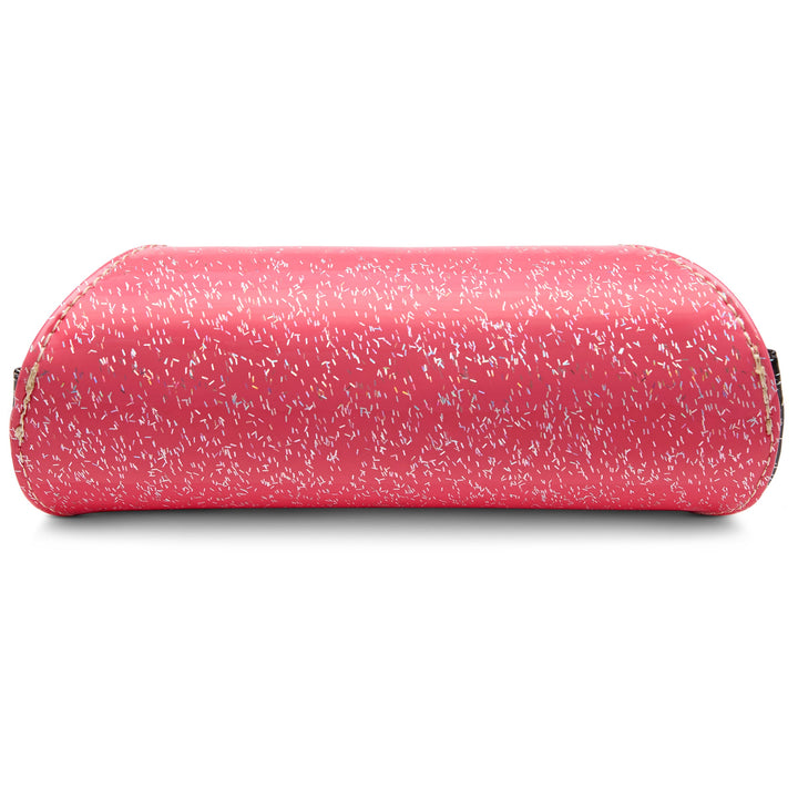 Consuela Bae Sunglass Case featuring a multicolored glitter exterior and natural leather logo patch.