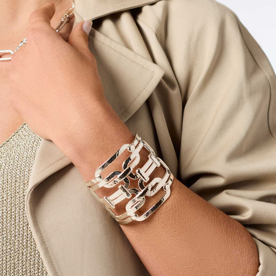 Julie Vos Sahara wide silver statement cuff worn on the wrist