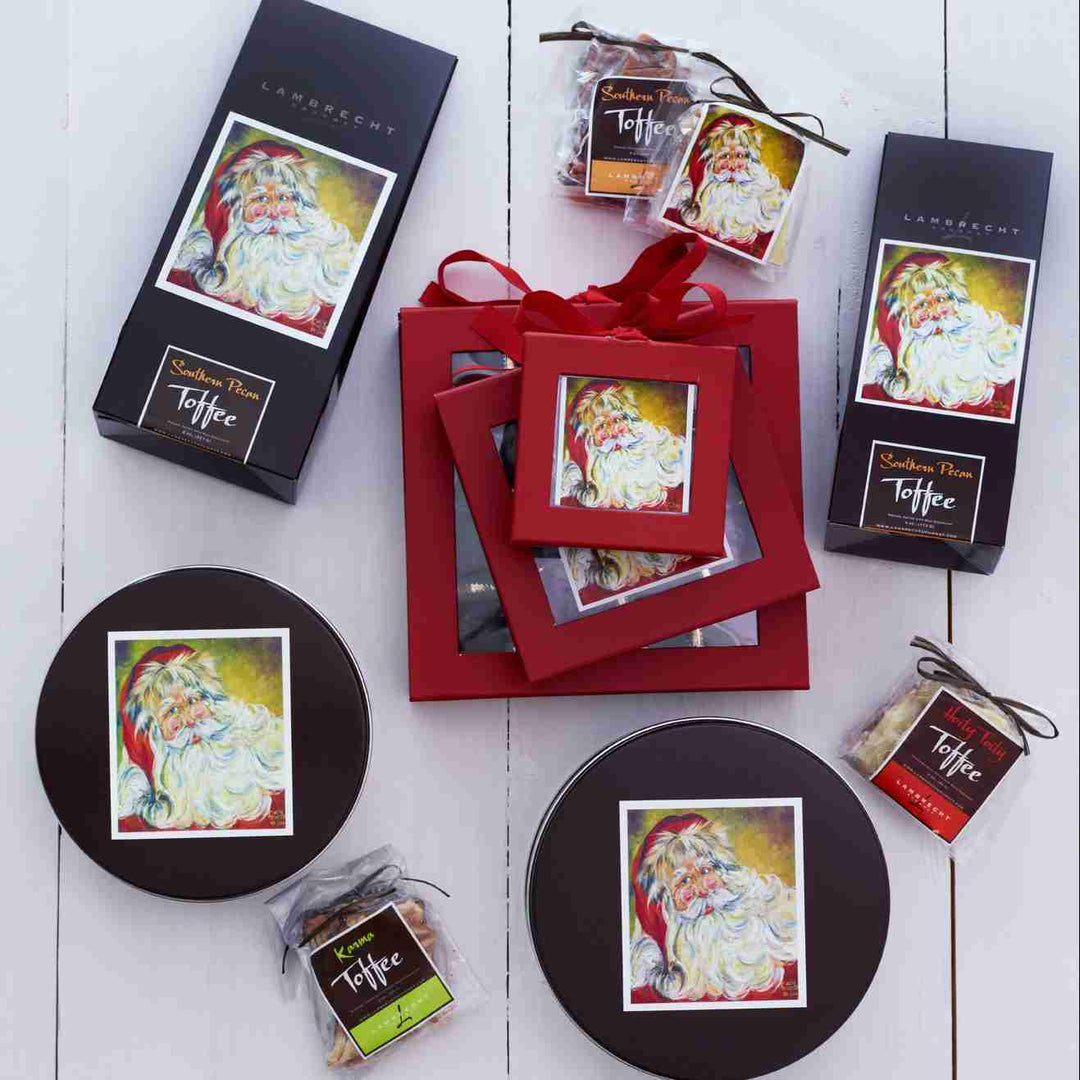 Lambrecht Gourmet old world Santa Christmas packaging for Southern Pecan Toffee gift tins and boxes