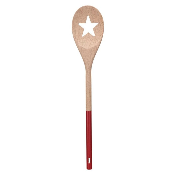 Acacia Wood Spoon w/ Tree/Star Cut-Out, Natural &amp; Red