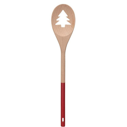Acacia Wood Spoon w/ Tree/Star Cut-Out, Natural & Red