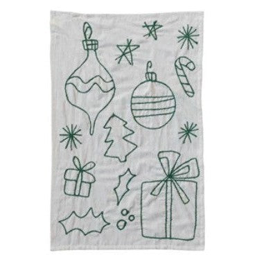 Woven Cotton & Linen Tea Towel w/ Embroidered Holiday Icons(set of 3)