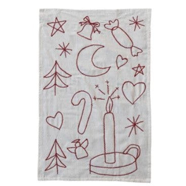 Woven Cotton & Linen Tea Towel w/ Embroidered Holiday Icons(set of 3)