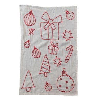 Woven Cotton & Linen Tea Towel w/ Embroidered Holiday Icons(set of 3)