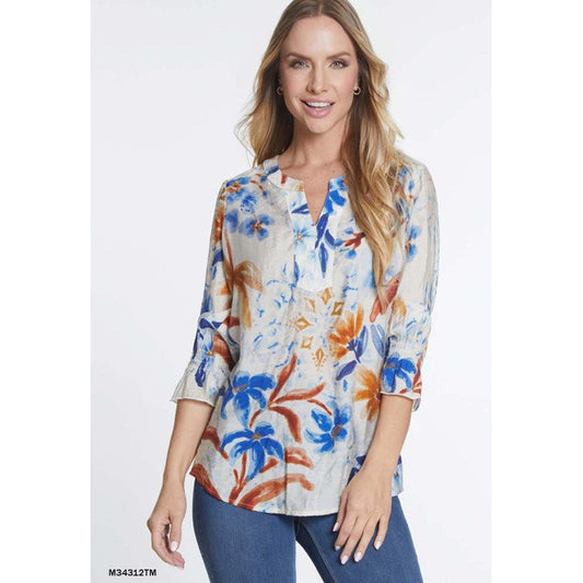 3/4 Sleeve Y Neck Collar Crinkle Top