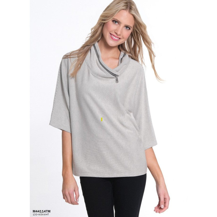 Elbow Dolman Sleeve Zip Cowl Collar Hi-Lo Top