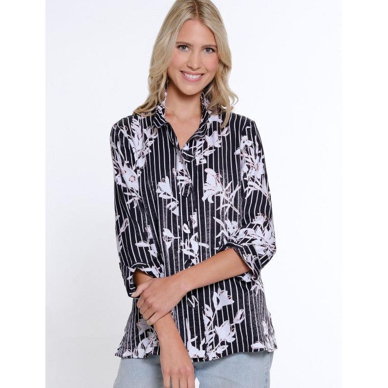 Turn-Up Cuff 3/4 Sleeve Wire Collar Button Front Shirt