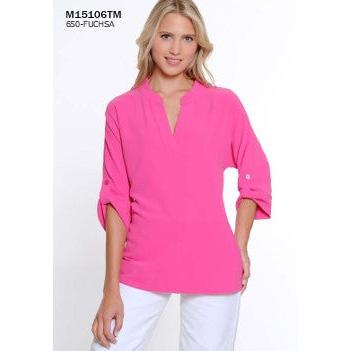 Roll Tab Cuffed Dolman Sleeve Y Neck Band Collar Top
