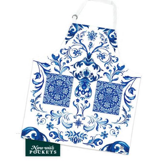 Michel Design Works Indigo Seas Apron featuring a vibrant indigo and white tile design.