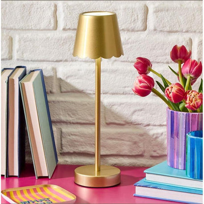 LED Portable Cordless Gold Table Lamp with Scalloped Edge Shade in Gift Box