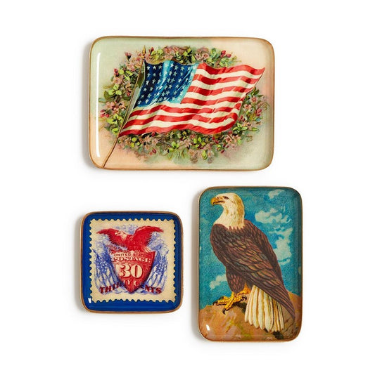 Vintage America Set of 3 Metal Trinket / Desk Tray Includes 3 Designs / 3 Sizes (decorative use only) - Iron/Enamel