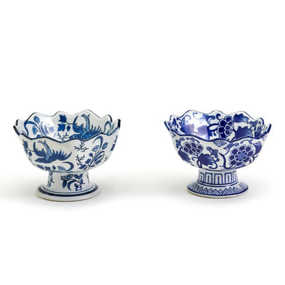 Blue and White Scalloped Edge Hand-Painted Footed Bowl Assorted