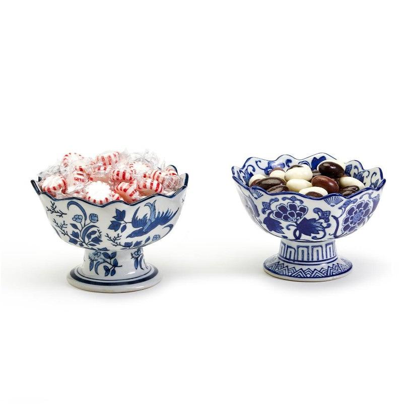 Blue and White Scalloped Edge Hand-Painted Footed Bowl Assorted