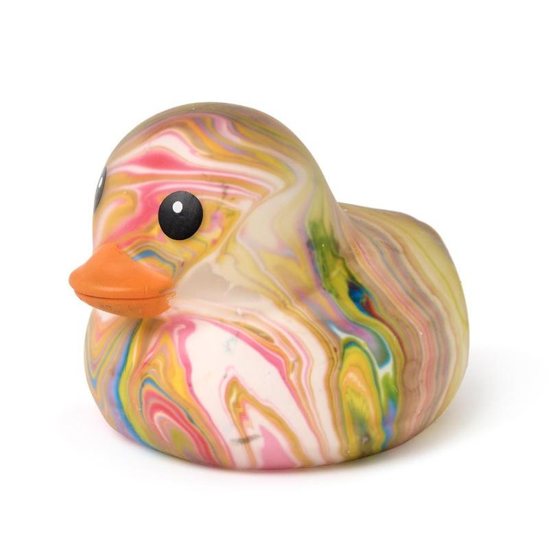 Oversized rainbow-colored squishy rubber duck toy made from durable TPR rubber.