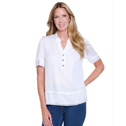 Multiples short sleeve white button-front top featuring a band collar and a unique double fringe hem.