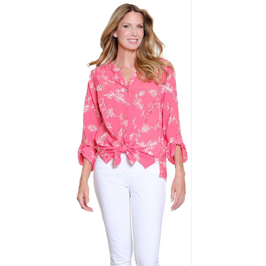 Multiples Roll Tab Sleeve Band Collar Tie Waist Button Front Shirt - Coral Pink