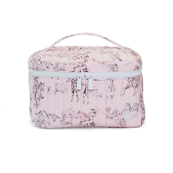 Quilted pink and white Western cowgirl toile cosmetic train case with top handle and white zipper.