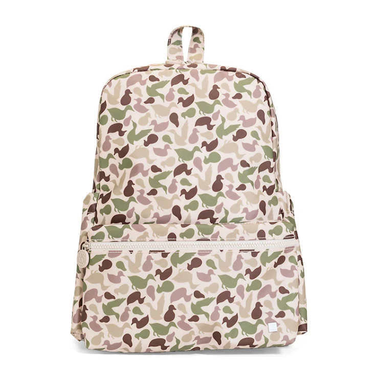Large TRVL Design Backpacker backpack in green and grey Decoy Camo print with white chunky zippers and padded straps.
