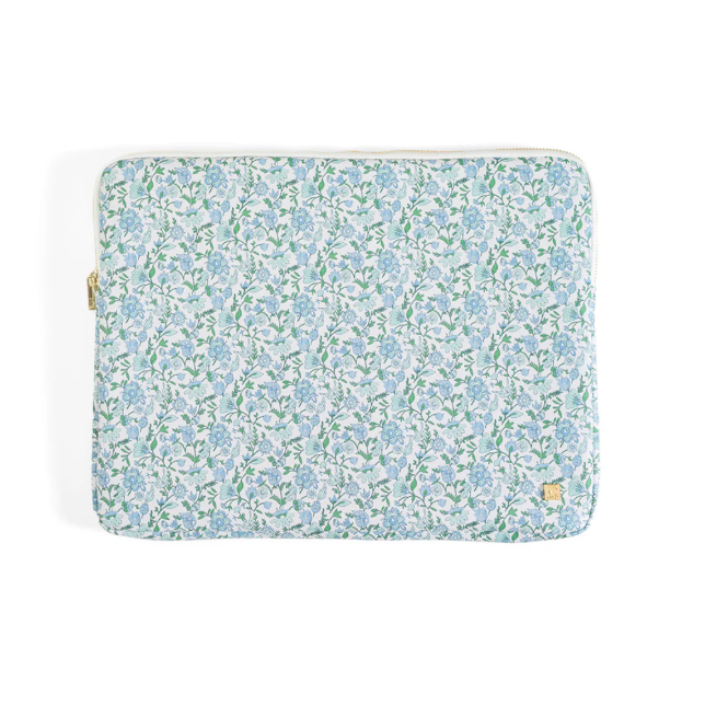 Padded 14-inch laptop sleeve in blue and white Hamptons Floral print with a white zipper.