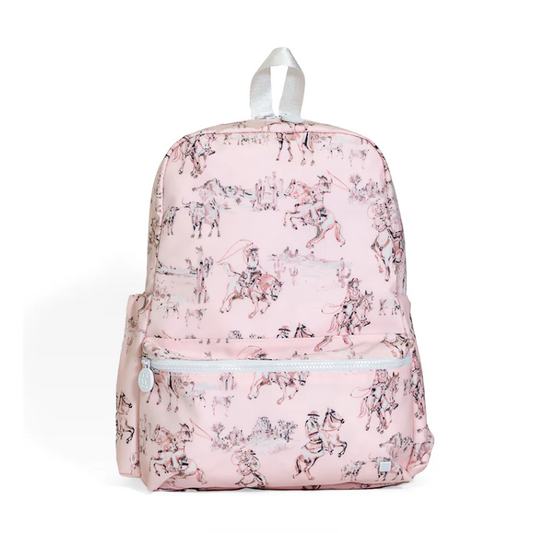 Pink and white Cowgirl Toile print backpack with white zippers, padded straps, and side pockets.