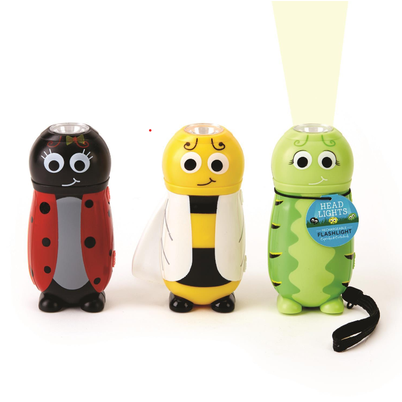 Kid-sized rechargeable bug-shaped flashlights in bumble bee, ladybug, and caterpillar designs with wrist straps.
