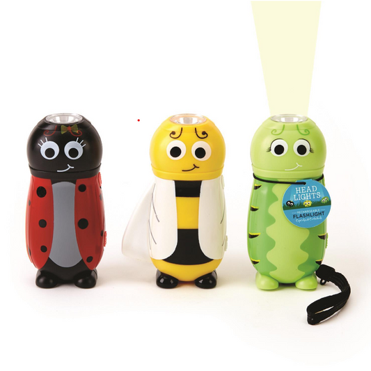 Kid-sized rechargeable bug-shaped flashlights in bumble bee, ladybug, and caterpillar designs with wrist straps.
