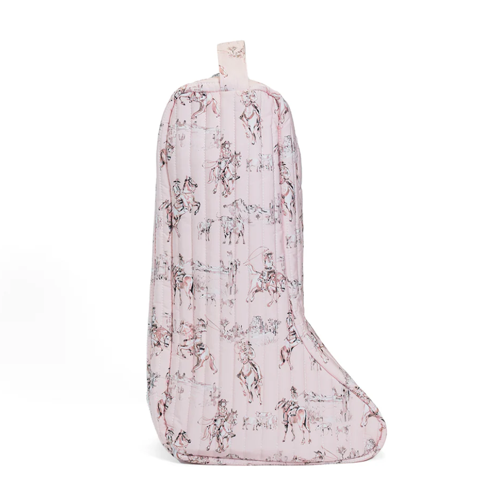 TRVL Design Large Boot Bag in pink quilted Cowgirl Toile pattern; protective travel bag for boots.