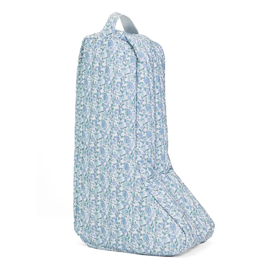 TRVL Design Large Boot Bag in blue and white Quilted Hamptons Floral pattern; protective travel bag for tall boots.
