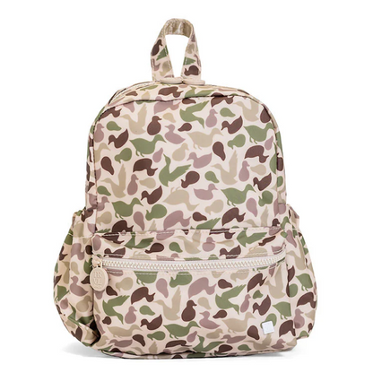 TRVL Design Mini Backer backpack in green Decoy camo pattern; small wipeable and water-resistant kids' backpack.